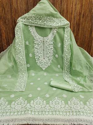  women's light green chanderi cotton embroidered unstitched salwar kameez with dupatta 3