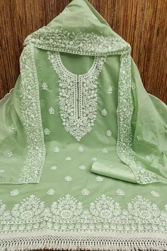  women's light green chanderi cotton embroidered unstitched salwar kameez with dupatta