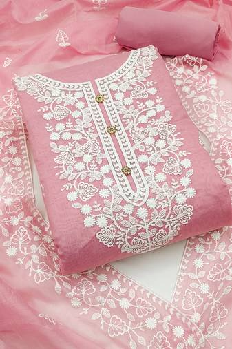 women's light pink chanderi cotton embroidered unstitched salwar kameez with dupatta