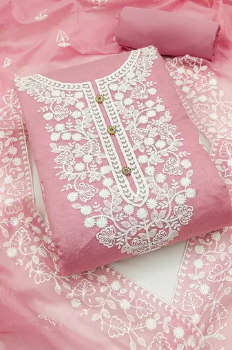 women's light pink chanderi cotton embroidered unstitched salwar kameez with dupatta