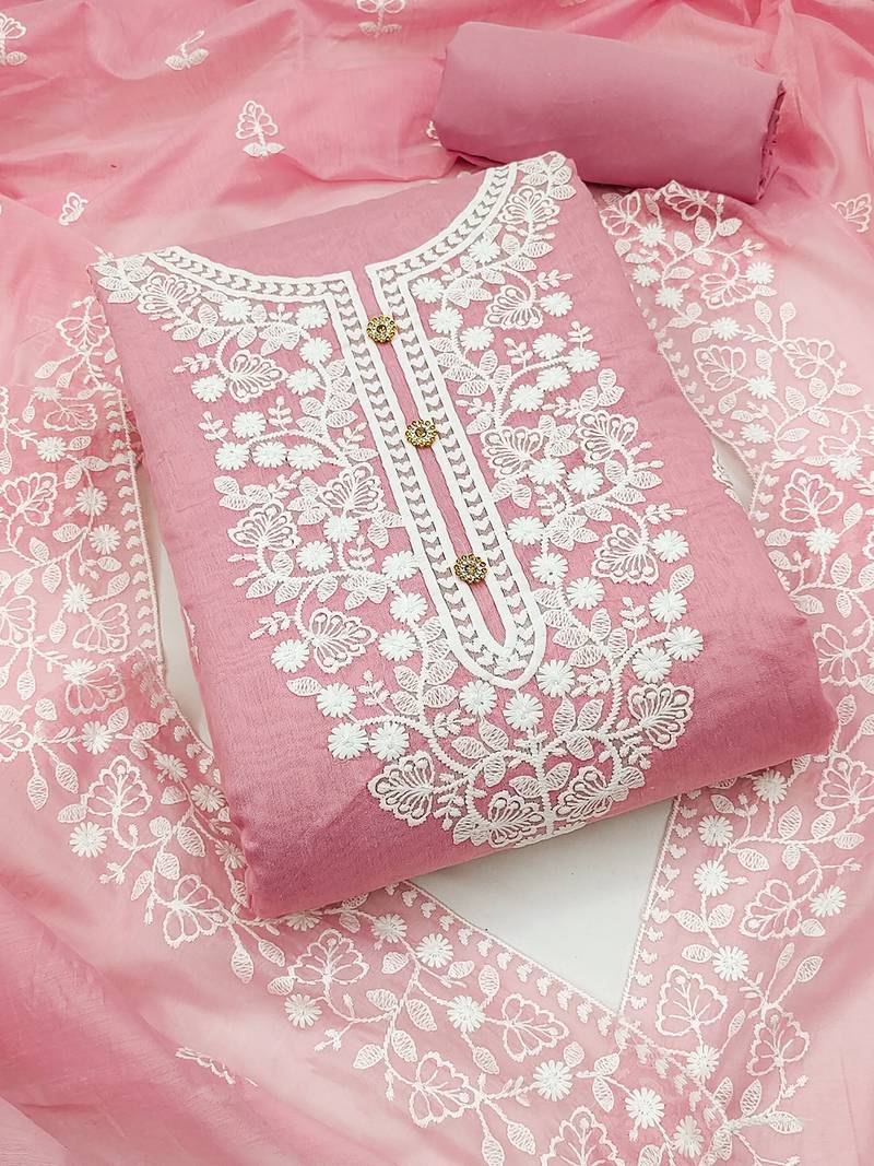 women's light pink chanderi cotton embroidered unstitched salwar kameez with dupatta