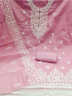 women's light pink chanderi cotton embroidered unstitched salwar kameez with dupatta 2