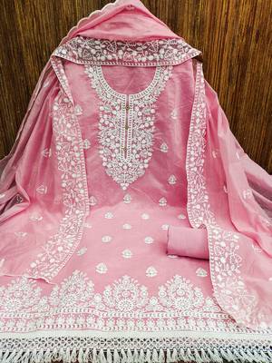 women's light pink chanderi cotton embroidered unstitched salwar kameez with dupatta 3