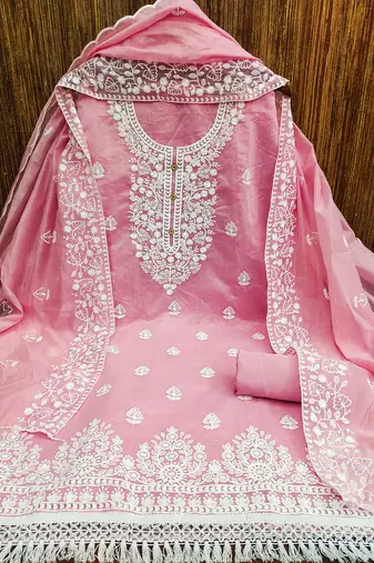 women's light pink chanderi cotton embroidered unstitched salwar kameez with dupatta