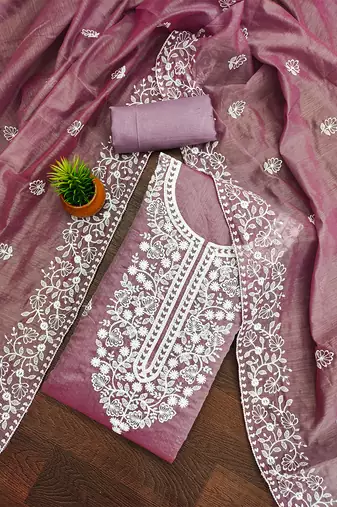 women's mauve chanderi cotton embroidered unstitched salwar kameez with dupatta