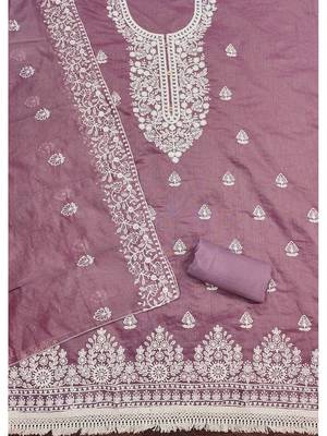 women's mauve chanderi cotton embroidered unstitched salwar kameez with dupatta 2
