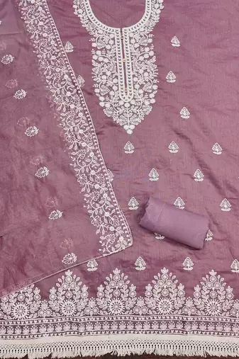 women's mauve chanderi cotton embroidered unstitched salwar kameez with dupatta
