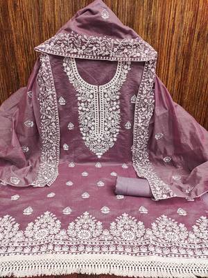 women's mauve chanderi cotton embroidered unstitched salwar kameez with dupatta 3