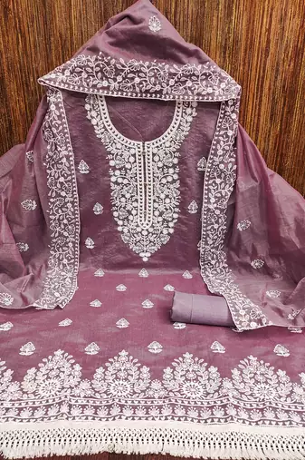 women's mauve chanderi cotton embroidered unstitched salwar kameez with dupatta