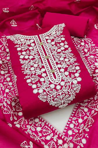 women's pink chanderi cotton embroidered unstitched salwar kameez with dupatta