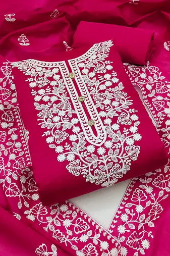 women's pink chanderi cotton embroidered unstitched salwar kameez with dupatta