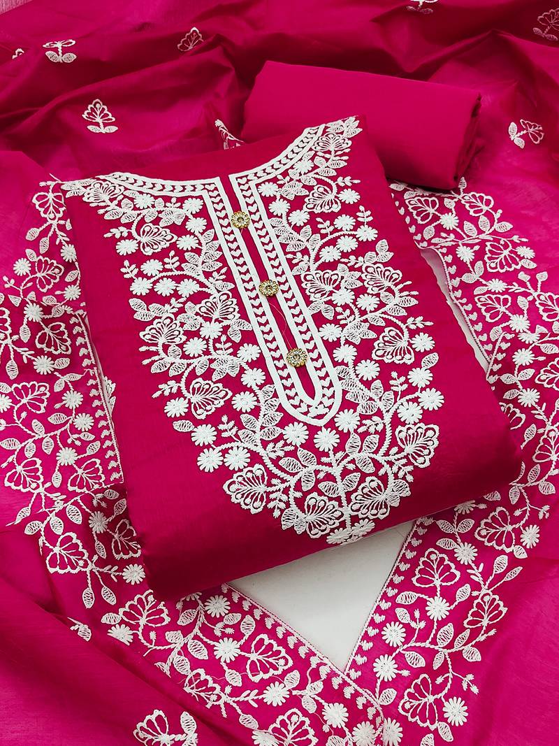 women's pink chanderi cotton embroidered unstitched salwar kameez with dupatta