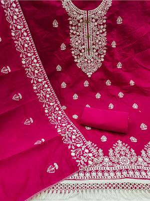 women's pink chanderi cotton embroidered unstitched salwar kameez with dupatta 2