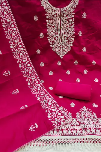 women's pink chanderi cotton embroidered unstitched salwar kameez with dupatta