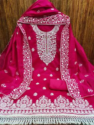 women's pink chanderi cotton embroidered unstitched salwar kameez with dupatta 3