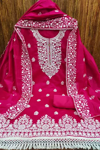 women's pink chanderi cotton embroidered unstitched salwar kameez with dupatta