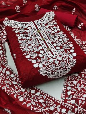 women's red chanderi cotton embroidered unstitched salwar kameez with dupatta 1