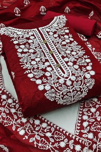 women's red chanderi cotton embroidered unstitched salwar kameez with dupatta