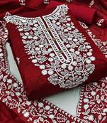 women's red chanderi cotton embroidered unstitched salwar kameez with dupatta