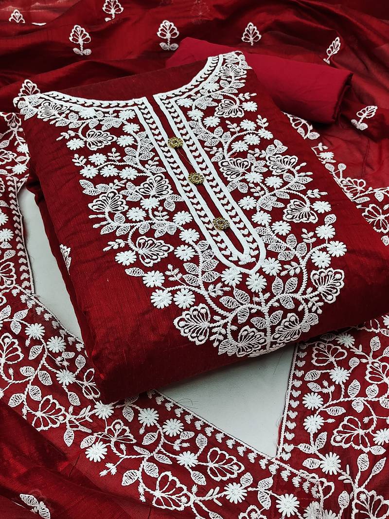 women's red chanderi cotton embroidered unstitched salwar kameez with dupatta
