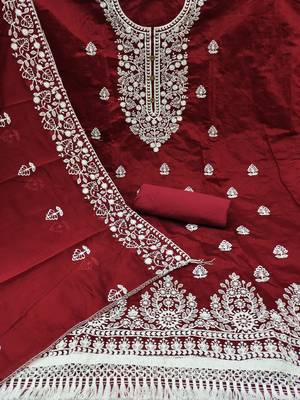 women's red chanderi cotton embroidered unstitched salwar kameez with dupatta 2