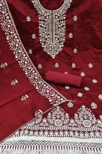 women's red chanderi cotton embroidered unstitched salwar kameez with dupatta