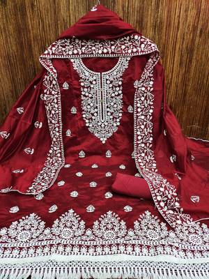 women's red chanderi cotton embroidered unstitched salwar kameez with dupatta 3