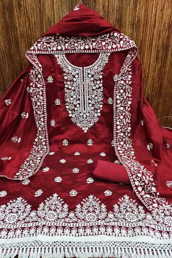 women's red chanderi cotton embroidered unstitched salwar kameez with dupatta