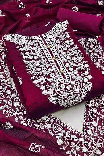 women's wine chanderi cotton embroidered unstitched salwar kameez with dupatta