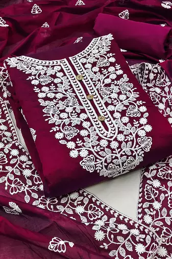 women's wine chanderi cotton embroidered unstitched salwar kameez with dupatta