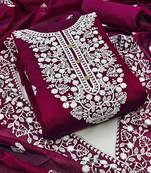 women's wine chanderi cotton embroidered unstitched salwar kameez with dupatta