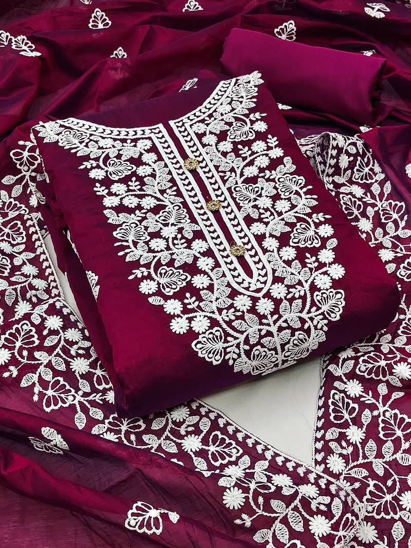 women's wine chanderi cotton embroidered unstitched salwar kameez with dupatta