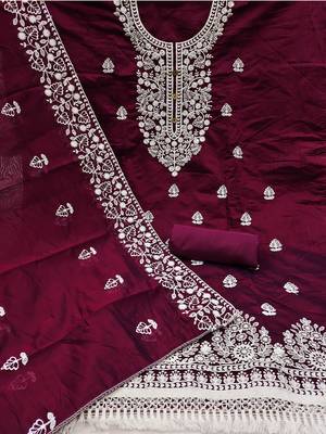 women's wine chanderi cotton embroidered unstitched salwar kameez with dupatta 2