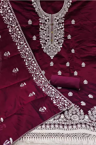 women's wine chanderi cotton embroidered unstitched salwar kameez with dupatta