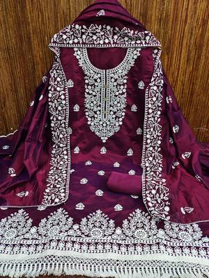 women's wine chanderi cotton embroidered unstitched salwar kameez with dupatta 3