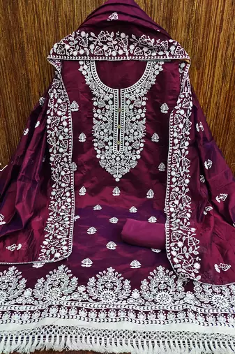 women's wine chanderi cotton embroidered unstitched salwar kameez with dupatta