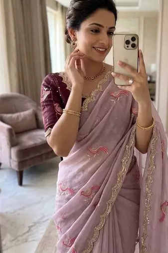 Lavender Color  thread embroidery Work Chiffon Saree