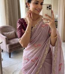 Lavender Color  thread embroidery Work Chiffon Saree