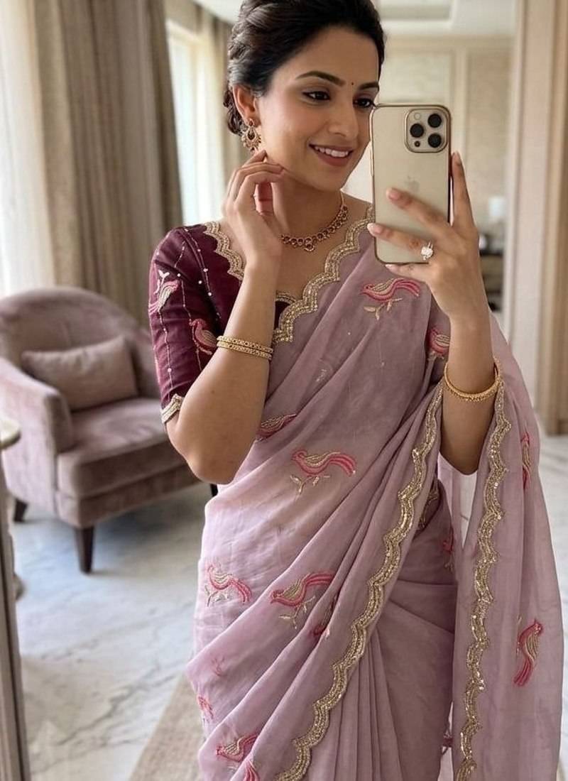 Lavender Color  thread embroidery Work Chiffon Saree