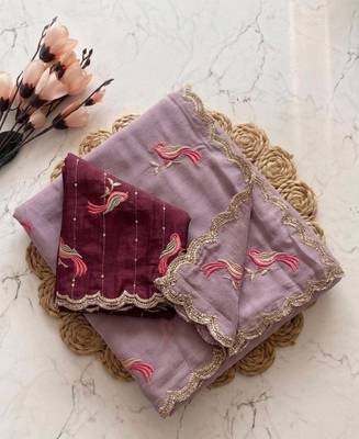 lavender thread embroidery work chiffon saree 2