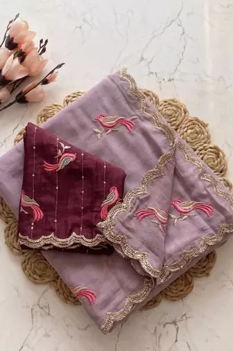 Lavender Color  thread embroidery Work Chiffon Saree