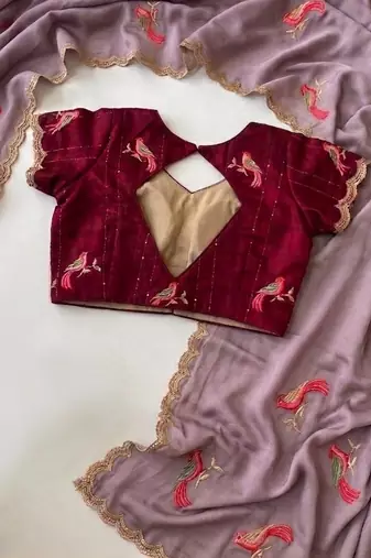 lavender thread embroidery work chiffon saree