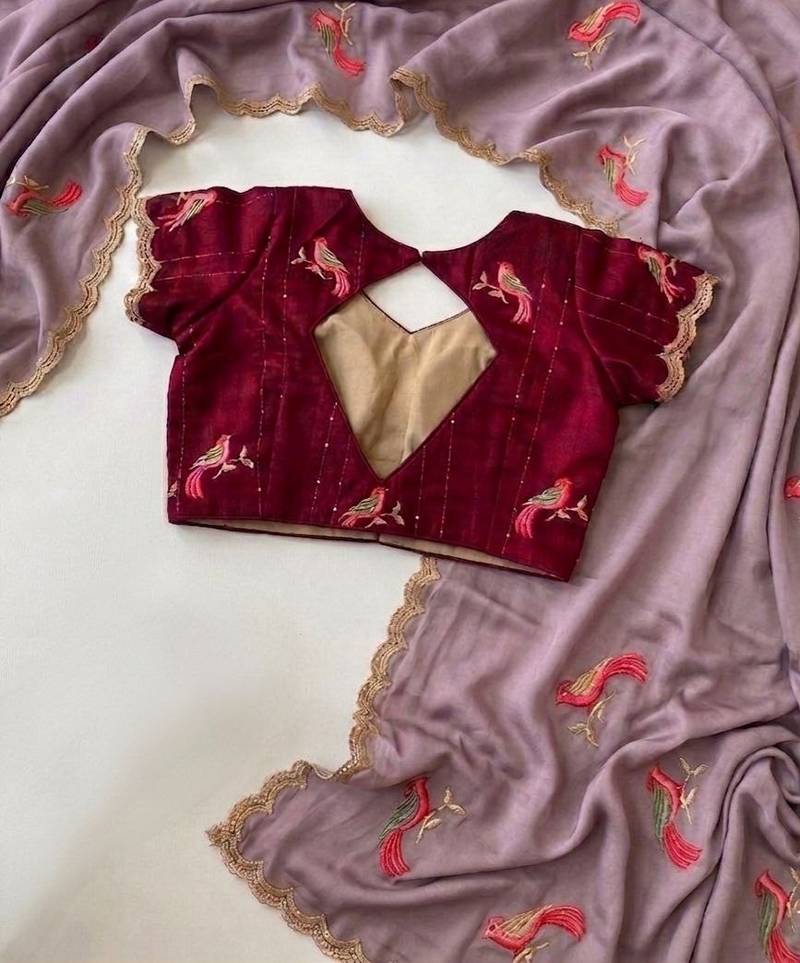 Lavender Color  thread embroidery Work Chiffon Saree