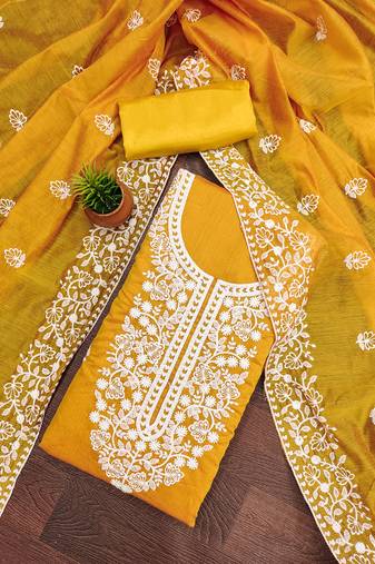 women's yellow chanderi cotton embroidered unstitched salwar kameez with dupatta
