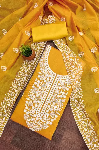 women's yellow chanderi cotton embroidered unstitched salwar kameez with dupatta