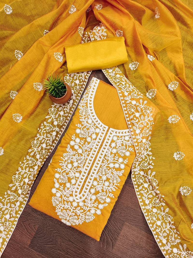 women's yellow chanderi cotton embroidered unstitched salwar kameez with dupatta