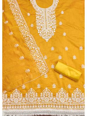 women's yellow chanderi cotton embroidered unstitched salwar kameez with dupatta 2