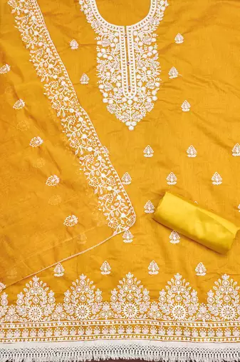 women's yellow chanderi cotton embroidered unstitched salwar kameez with dupatta