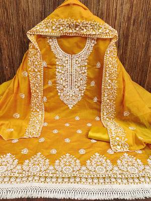 women's yellow chanderi cotton embroidered unstitched salwar kameez with dupatta 3