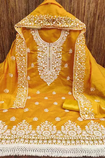women's yellow chanderi cotton embroidered unstitched salwar kameez with dupatta